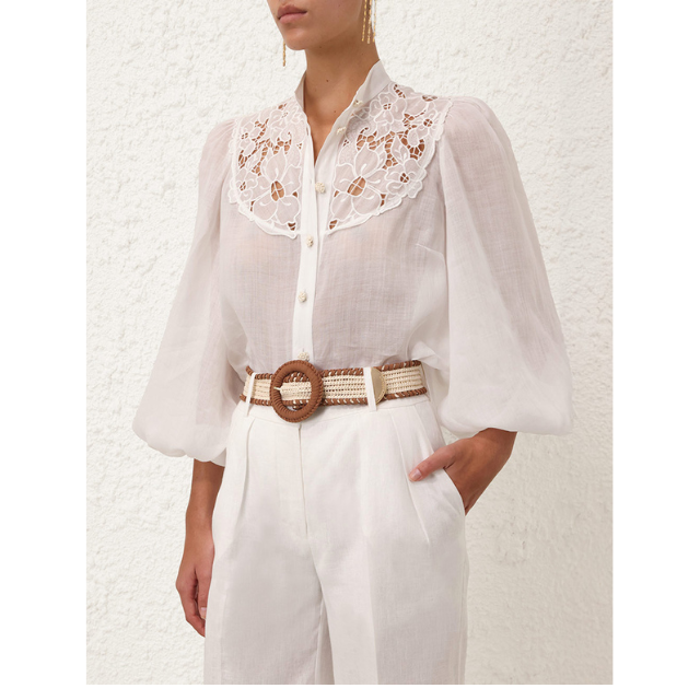 Golden Embroidered Yoke Blouse - Hør - Hvid