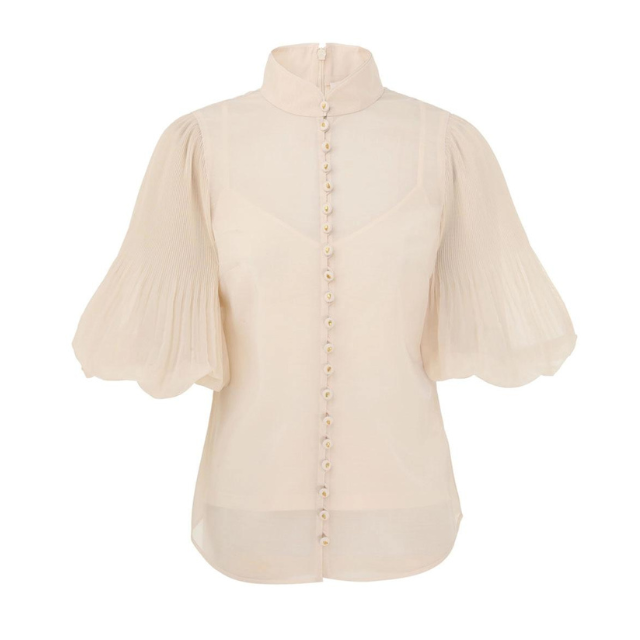 Pleated buttoned blouse - høj hals - creme